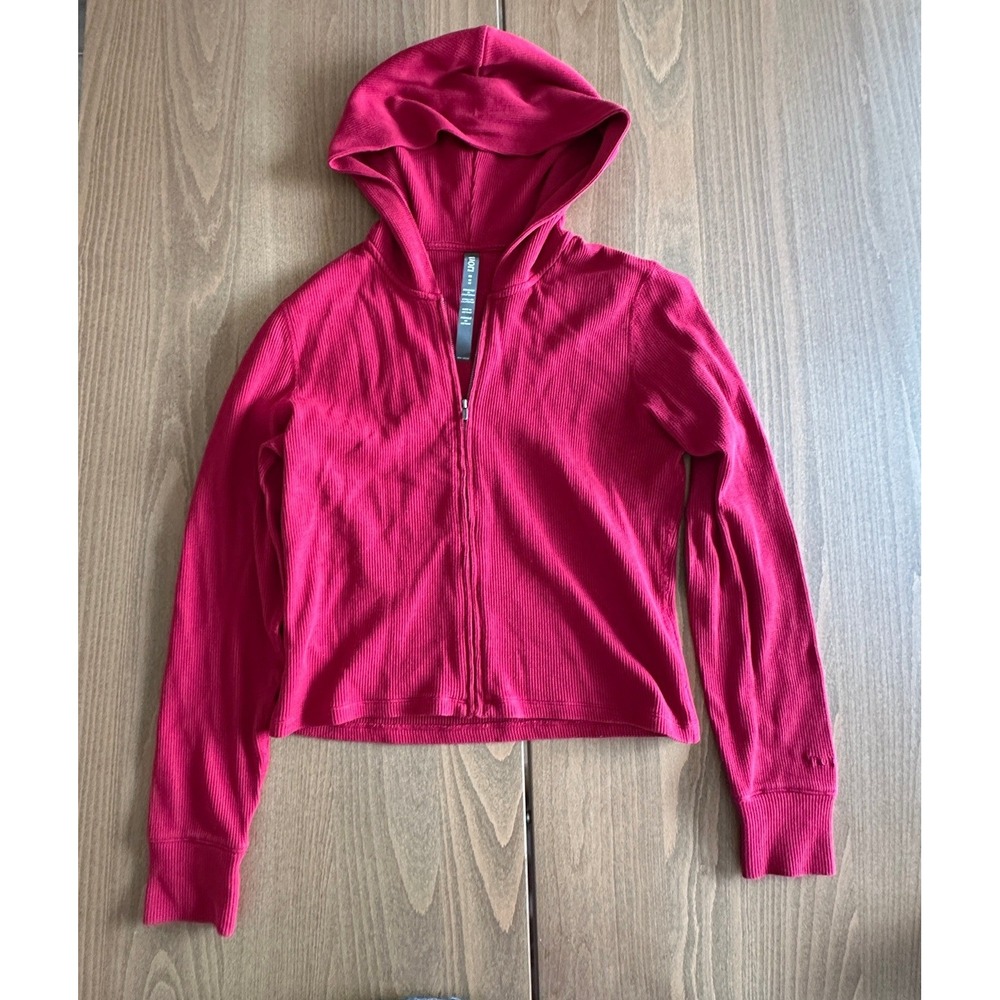 Vuori Waffle Knit Full Zip Hoodie Pink Red Berry Cropped Activewear Womens M